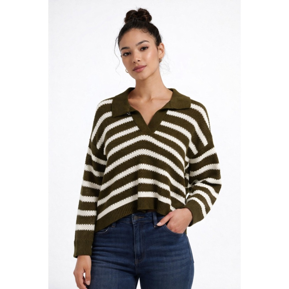Natural Reflections Striped Collared V Neck Sweater Olive Green White Size M